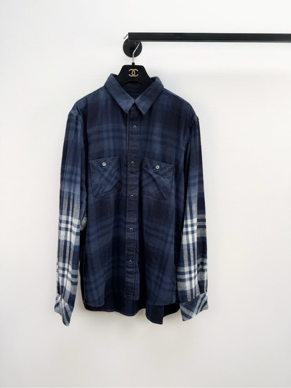 Sacai Navy and White Plaid Button-Down Shirt